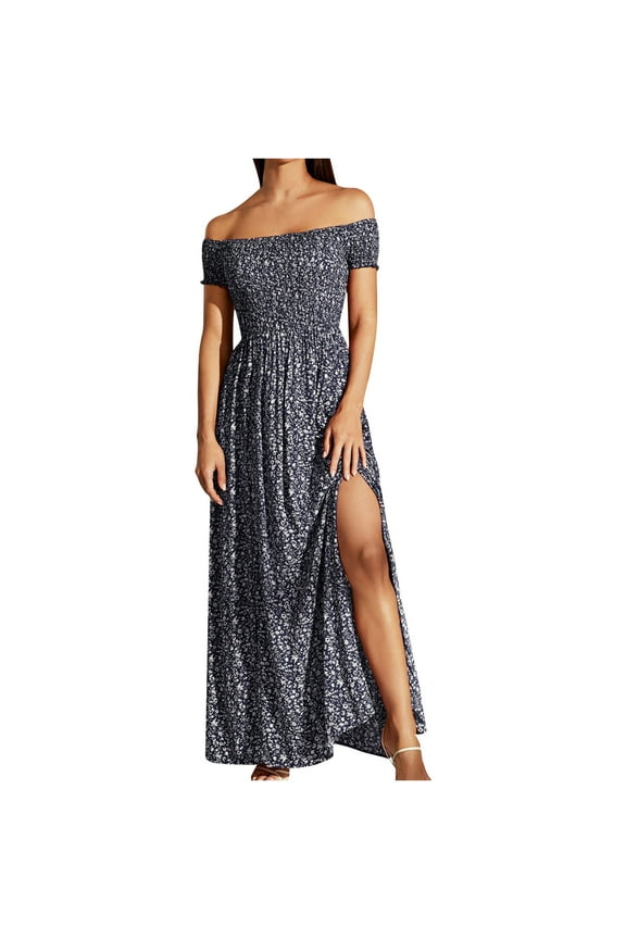 Women's Boho Floral Long Maxi Party Dress Summer Wedding Guest Off The Shoulder V Neck Loose Flowy Dresses Pleated Side Split Sexy Elegant Dresses For Women