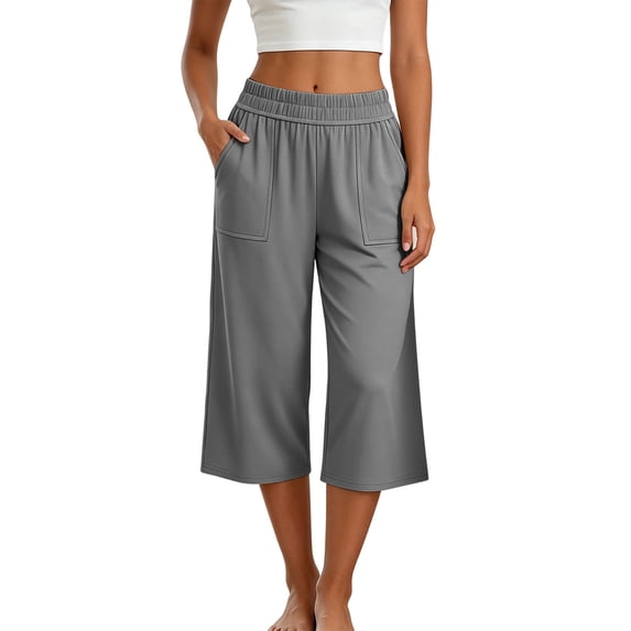 Enjoytime Women's Capri Pants Elastic Waist Straight Wide Leg Cropped Trousers Plus Size Fashion Casual Lounge Pants with Pocket