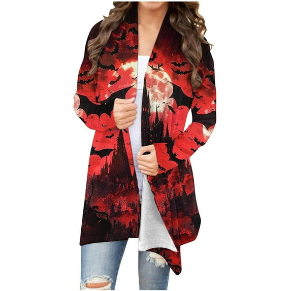 Enjoytime Women's Cardigans Vintage Print Long Sleeved Medium Length Coats Halloween Loose Lightweight Coat