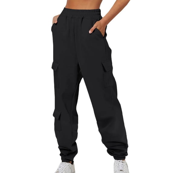 Enjoytime Women's Cargo Pants Solid Color High Waist Drawstring Casual Trousers Hiking Travel Workout Pants with Multi Pockets Black XL