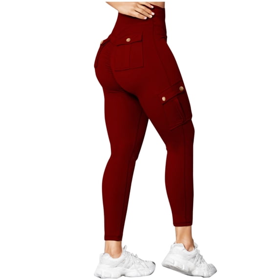 Enjoytime Women's Cargo Pants Solid Color High Waisted Leggings Casual Athletic Workout Sweatpants Plus Size Pants Wine XL