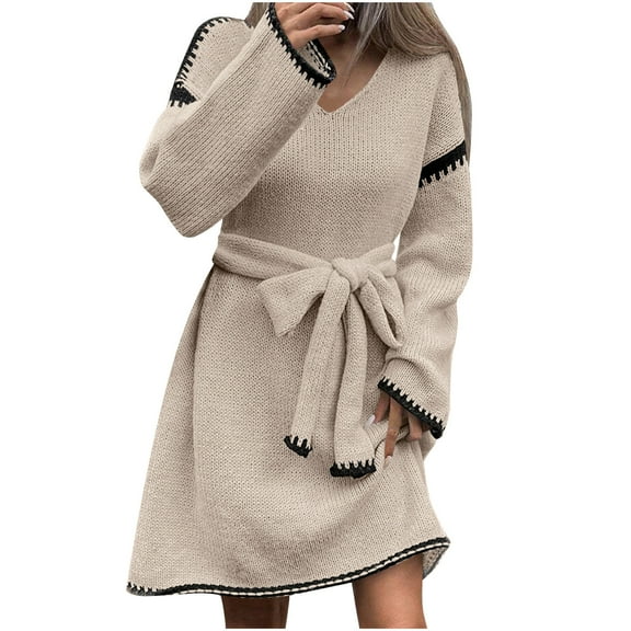 Enjoytime Women's Casual Dresses Patchwork V-Neck Long Sleeve Tie Waist Midi Dress Loose Knit Winter Fall Wedding Guest Dresses for Women Beige Free Size