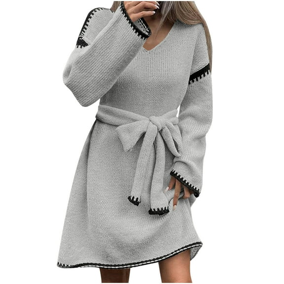 Enjoytime Women's Casual Dresses Patchwork V-Neck Long Sleeve Tie Waist Midi Dress Loose Knit Winter Fall Wedding Guest Dresses for Women Gray Free Size
