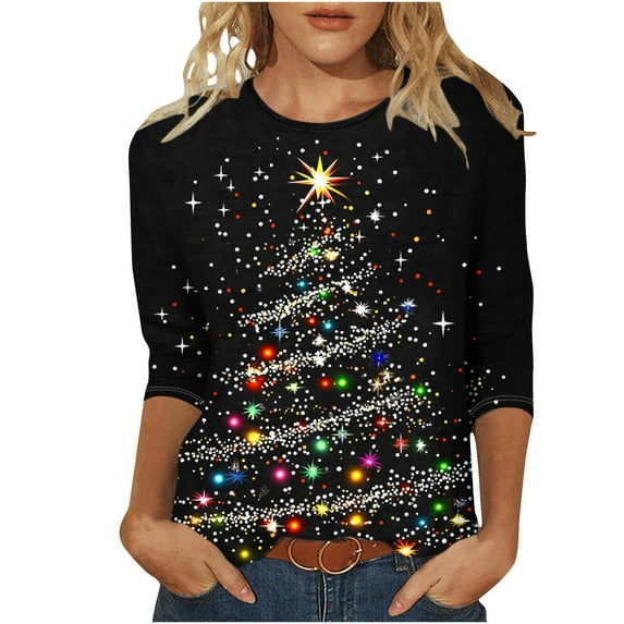 Enjoytime Women's Casual Tops Christmas Tree Printed Crew Neck 3/4 Sleeve Blouses Holiday Plus Size Shirts Multicolor M