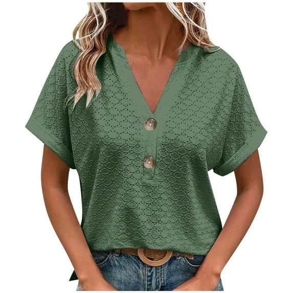 Enjoytime Women's Casual Tops Solid Color V-Neck Button Down Short Sleeved Shirt Summer Business Casual Work Plus Size Blouses
