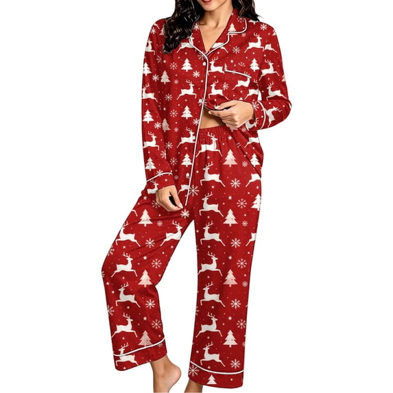 Enjoytime Women's Christmas Pajamas Print Button Down Long Sleeve Shirts Pants Sleepwear Sets Xmas Soft 2 Piece Plus Size Lounge Set