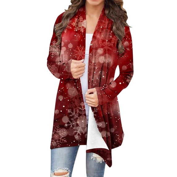 Enjoytime Women's Coats Christmas Printed Long Sleeve Lightweight Jacket Casual Trendy Oversized Cardigans for Women Red S