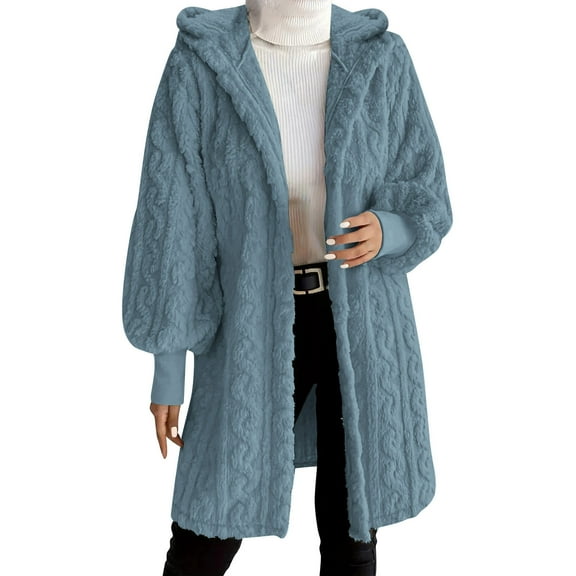 Enjoytime Women's Coats Solid Color Long Sleeve Hooded Jacket Lounge Warm Fall Winter Outerwear Fashion Plus Size Clothes 2025 with Pockets Blue M
