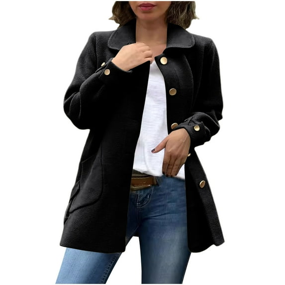 Enjoytime Women's Coats Solid Color Long Sleeve Lapel Button Down Outerwear Casual Fall Winter Lightweight Jacket Women Plus Size Womens Clothing Black M