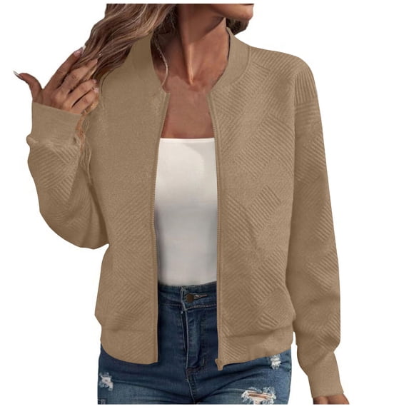 Enjoytime Women's Coats Solid Color Long Sleeve Lightweight Zip Up Jacket Fall Winter Fashion 2025 Casual Outerwear Khaki L