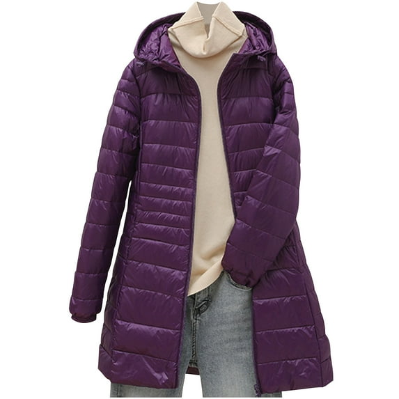 Enjoytime Women's Coats Solid Color Long Sleeve Zip Up Down Jacket with Hood Casual Warm Outerwear Plus Size Womens Clothing Purple M
