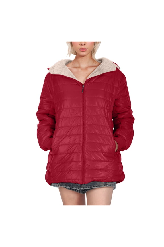 Women's Coats Solid Color Long Sleeve Zip Up Jacket Fall Winter Warm Loose Casual Outerwear Plus Size Womens Clothing Red S