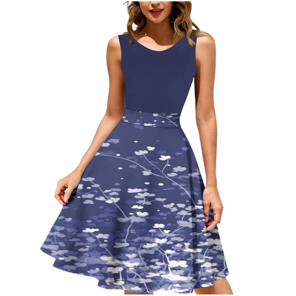 Enjoytime Women's Cocktail Dresses Vintage Printed Crewneck Sleeveless Midi Dress Spring Summer Casual Fashion Plus Size Dress