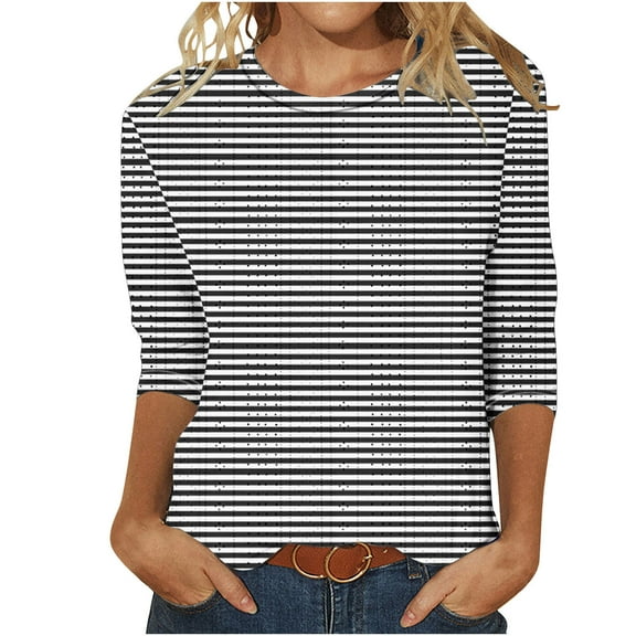 Enjoytime Women's Crewneck Blouses Casual Vintage Print 3/4 Sleeve Shirt Loose Tunic Tops Womens Clothes