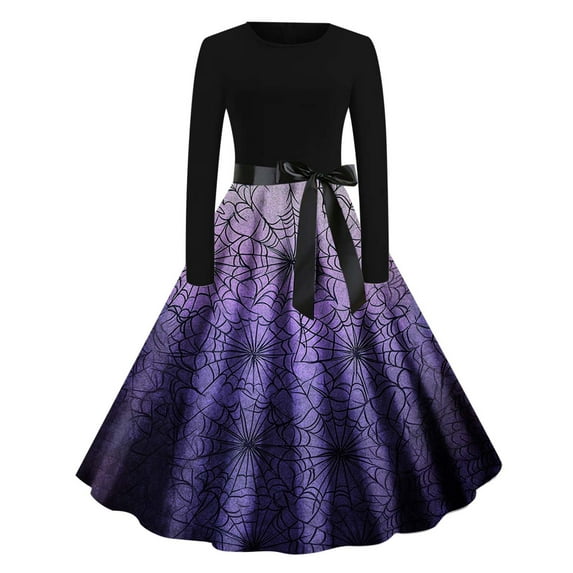 Enjoytime Women's Dresses Casual Halloween Printed Side Bow Tie Crew Neck Long Sleeve Midi Dress Vintage Witchy Clothes for Women