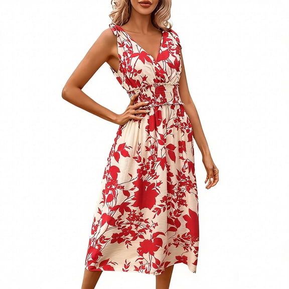Enjoytime Women's Dresses Floral Printed V-Neck Ruched Waist Sleeveless Long Dress Summer Casual Beach Holiday Vacation Sundress