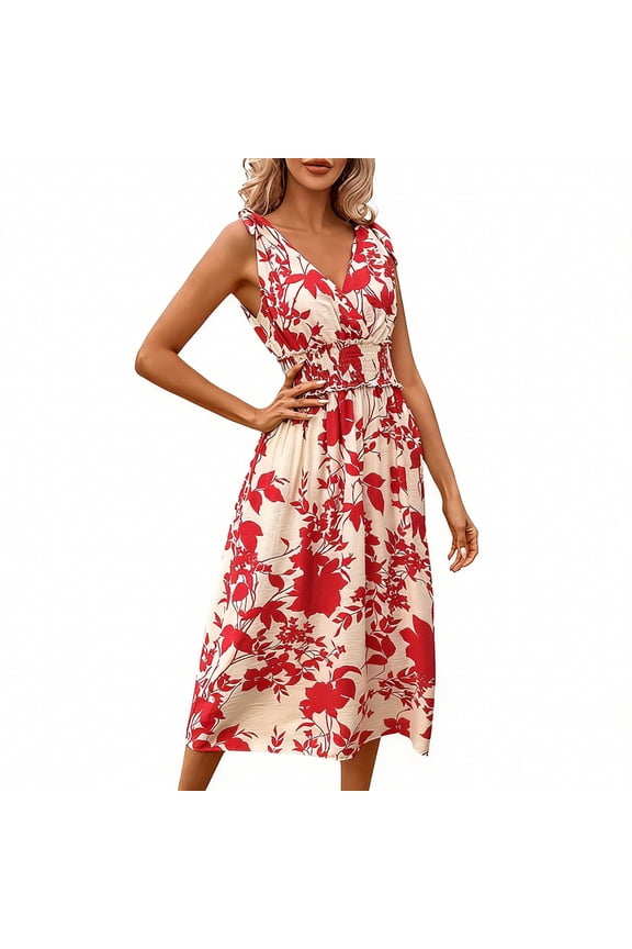 Women's Dresses Floral Printed V-Neck Ruched Waist Sleeveless Long Dress Summer Casual Beach Holiday Vacation Sundress