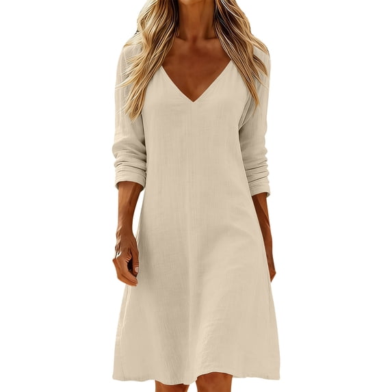 Enjoytime Women's Dresses Solid Color V-Neck Long Sleeve Midi Dresses 2026 Spring Vintage Casual Vacation Dress
