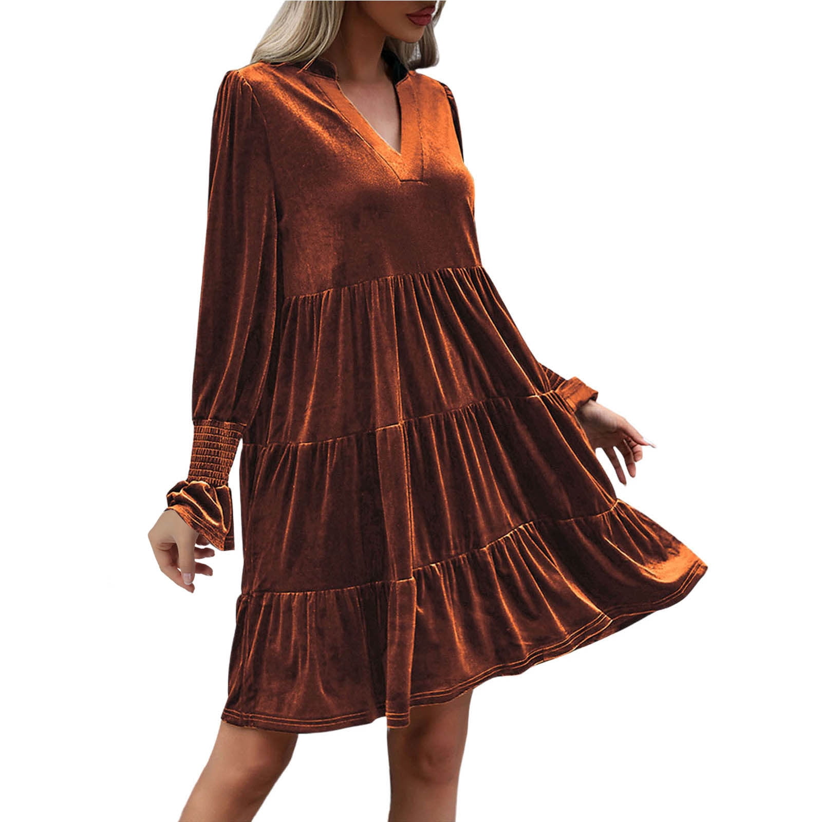 Autumn V neck Solid Color Transparent Long Sleeve Color Matching Pansy Dress