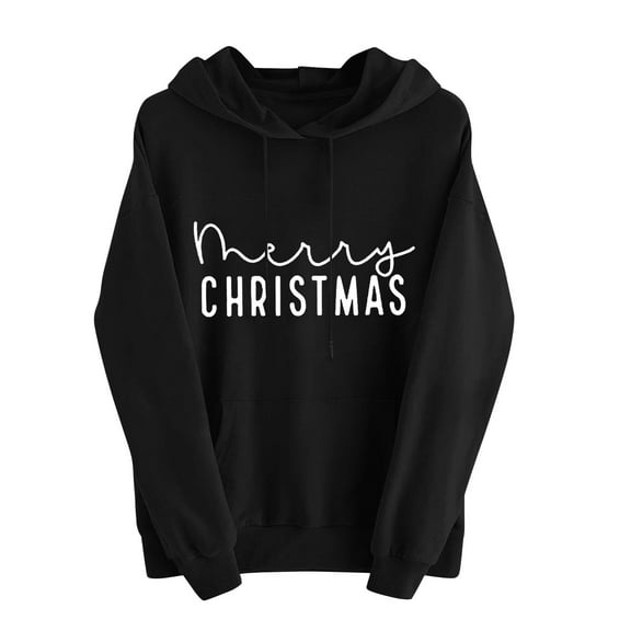 Enjoytime Women's Fashion Hoodies & Sweatshirts Merry Christmas Letter Printed Long Sleeve Tops Fall Winter Casual Oversized Hoodie Black L