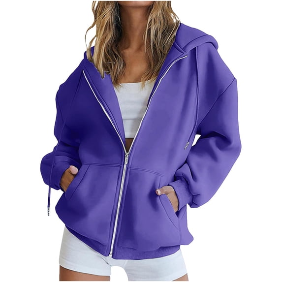 Enjoytime Women's Fashion Hoodies & Sweatshirts Solid Color Long Sleeve Zip Up Hoodie Fall Winter Warm Casual Jackets Plus Size Womens Clothing Purple XXXL