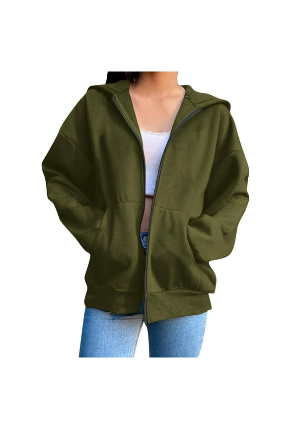 Women's Full Zip Up Hoodie Solid Color Long Sleeve Hooded Sweatshirts with Pockets Casual Fashion Tops