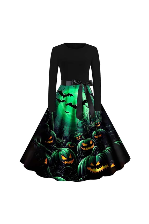 Women's Gothic Midi Dress Vintage Printed Crew Neck Long Sleeve Dresses with Side Bow Tie Halloween Party Outfits