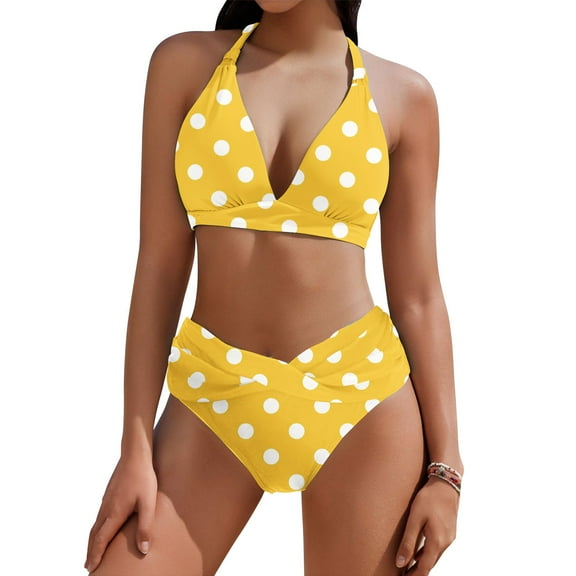 Enjoytime Women's High Waisted Bikini Sets Sporty Two Piece Swimsuits Polka Dot Printed High Cut Bathing Suits Tummy Control Swimsuits for Women