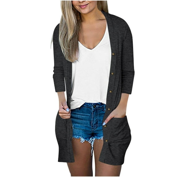 Enjoytime Women's Lightweight Cardigan Solid Color 3/4 Sleeve Plus Size Tops Open Front Button Loose Short Cardigans Outerwear