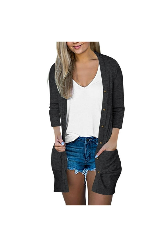 Women's Lightweight Cardigan Solid Color 3/4 Sleeve Plus Size Tops Open Front Button Loose Short Cardigans Outerwear