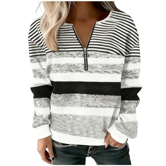 Enjoytime Women's Long Sleeve Shirts Patchwork Printing Half Zipper Long Sleeve Blouses Dressy Casual Work Plus Size Tops Gray XL