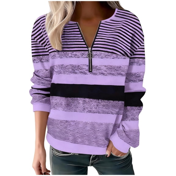 Enjoytime Women's Long Sleeve Shirts Patchwork Printing Half Zipper Long Sleeve Blouses Dressy Casual Work Plus Size Tops Purple XL
