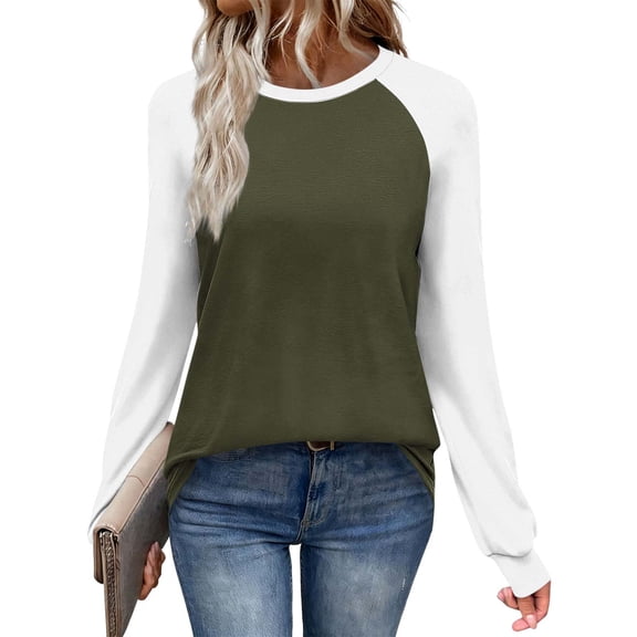 Enjoytime Women's Long Sleeve Tops Patchwork Printed Round Neck Pullover Blouses Trendy Fashion Casual Shirts Army Green S