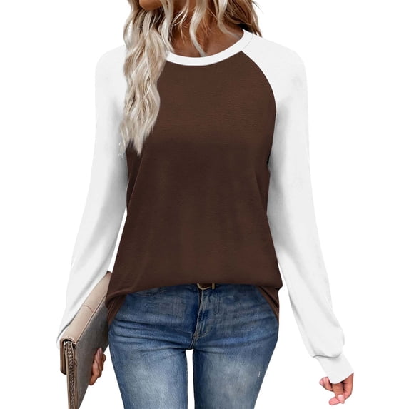 Enjoytime Women's Long Sleeve Tops Patchwork Printed Round Neck Pullover Blouses Trendy Fashion Casual Shirts Brown XL
