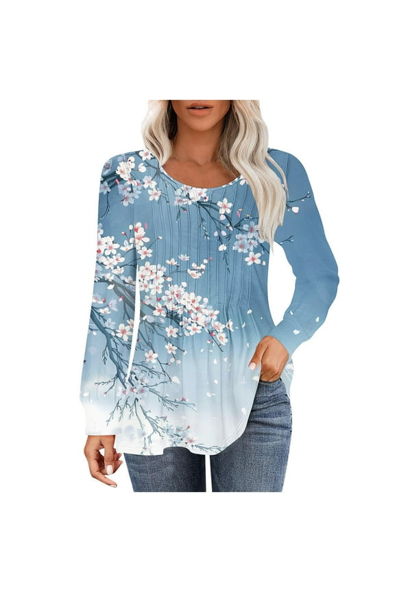 Women's Long Sleeve Tunic Tops Pleated Crew Neck Floral Printed Blouses Dressy Lightweight Casual Loose Shirts for Women