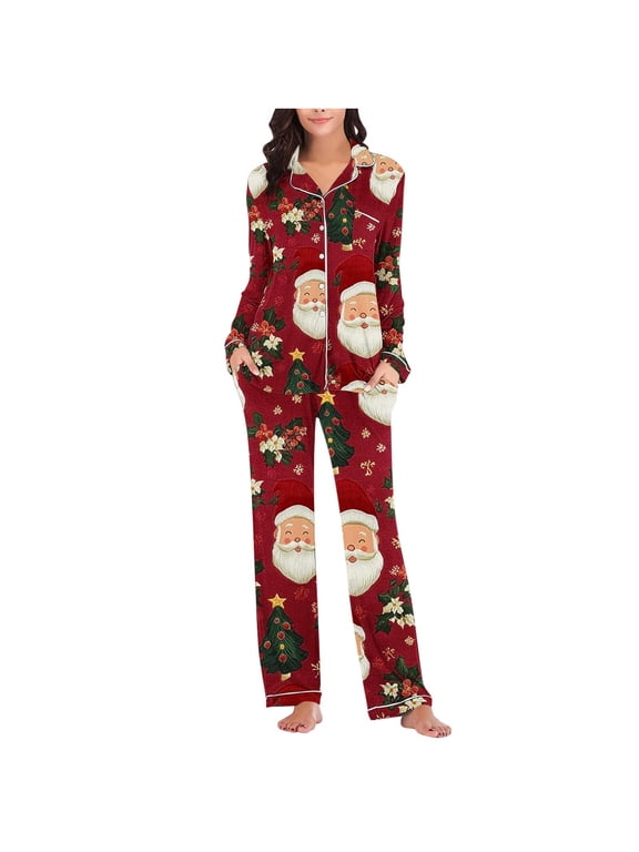 Women's Lounge Sets Christmas Cute Printed Lapel Button Down Blouses Pants Loungewear Matching Outfits Comfy Long Sleeve Pajamas