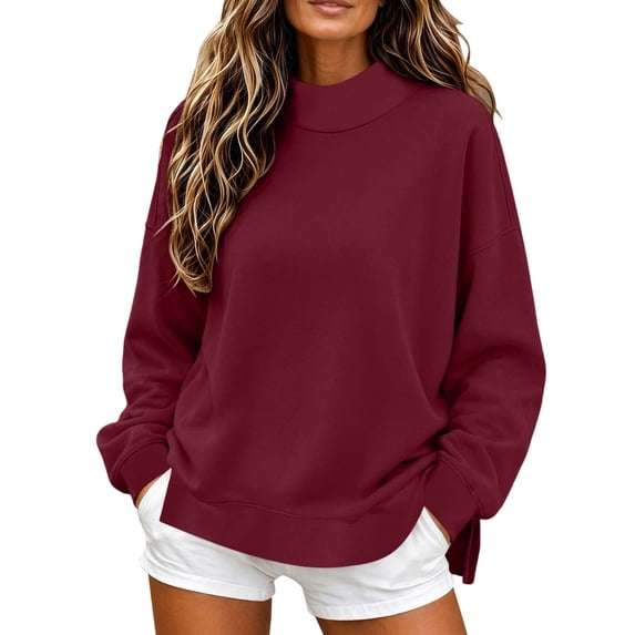 Enjoytime Women's Mock Neck Sweatshirt Long Sleeve Side Slit Pullover Top Fall Winter Loose Trendy Casual Sweatshirts