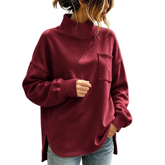 Enjoytime Women's Mock Neck Sweatshirt Long Sleeve Split Hem Pullover Top Loose Casual Sweatshirts with Pocket