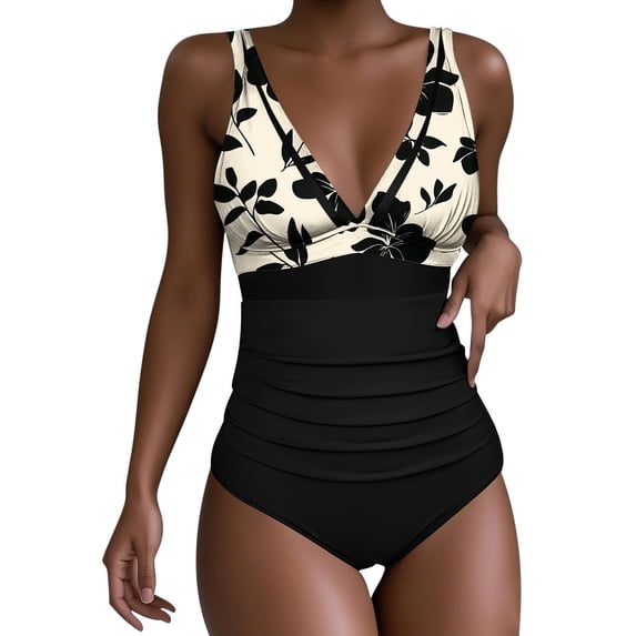 Enjoytime Women's One Piece Swimsuits Floral Printed V Neck Tummy Control Bathing Suit Adjustable Straps Ruched Slimming Swimwear