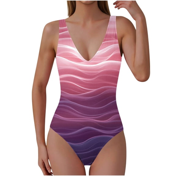 Enjoytime Women's One-Piece Swimsuits Striped V-Neck Tummy Control Monokini Slim Athletic Bathing Suit with Padded Bra