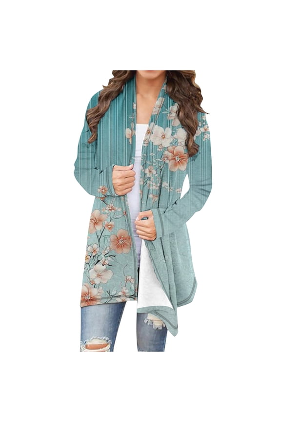 Women's Open Front Cardigans Floral Print Long Sleeve Oversized Jackets Fall Casual Loose Cardigan