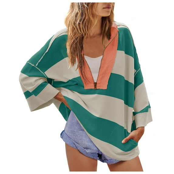 Enjoytime Women's Oversized Sweatshirt Tops with Zipper Casual Long Sleeve V-Neck Shirts Fashion Casual Color Block Printed Womens Streetwear Blouses Clothes