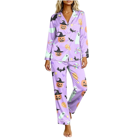 Enjoytime Women's Pajama Sets Halloween Print Soft 2 Piece Lounge Set Collared Long Sleeve Button Down Shirts with Pants Sleepwear