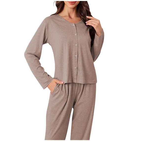 Enjoytime Women's Pajama Sets Soft Comfy 2 Piece Sleepwear V-Neck Long Sleeve Button Down Shirts with Pants Pjs Set
