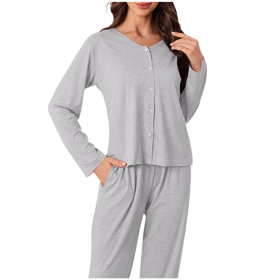 Enjoytime Women's Pajama Sets Soft Comfy 2 Piece Sleepwear V-Neck Long Sleeve Button Down Shirts with Pants Pjs Set