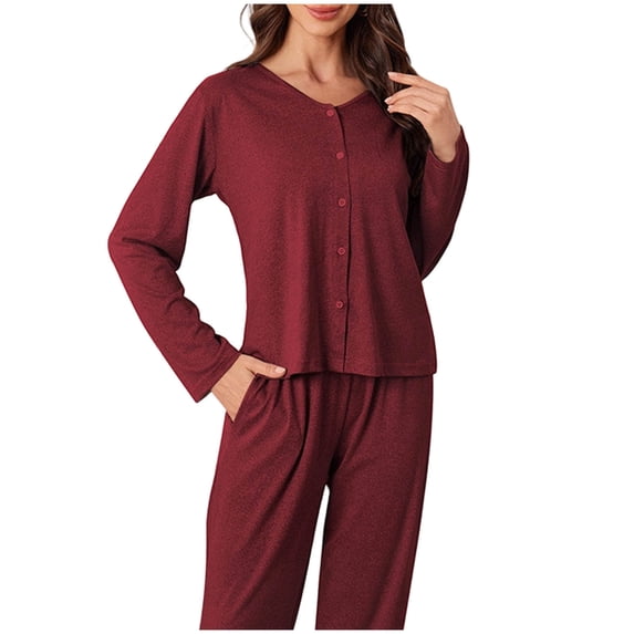 Enjoytime Women's Pajama Sets Soft Comfy 2 Piece Sleepwear V-Neck Long Sleeve Button Down Shirts with Pants Pjs Set