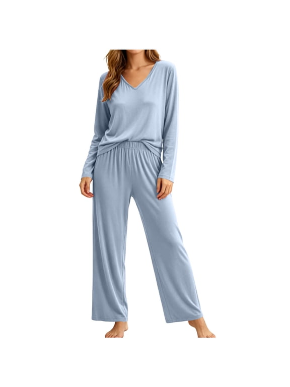 Women's Pajama Sets with Built In Bra V Neck Long Sleeve Tops with Pants 2 Piece Sleepwear Lightweight Soft Comfy Lounge Set