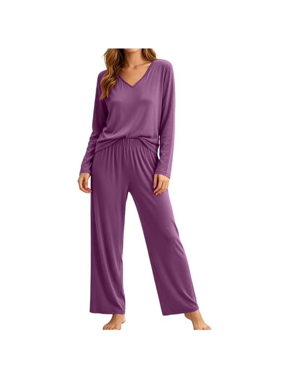 Women's Pajama Sets with Built In Bra V Neck Long Sleeve Tops with Pants 2 Piece Sleepwear Lightweight Soft Comfy Lounge Set