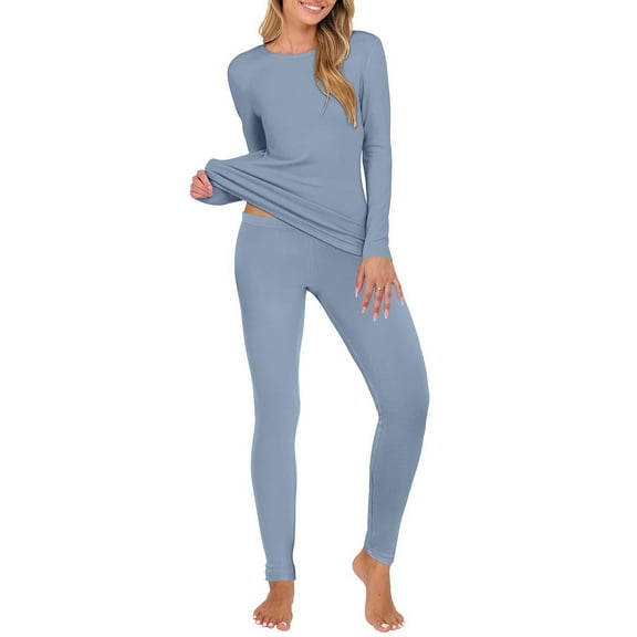 Enjoytime Women's Pajamas Solid Color Round Neck Long Sleeve Tops Pants Two Piece Sets Fall Winter Base Warm Cozy Loungewear Comfy Sleepwear
