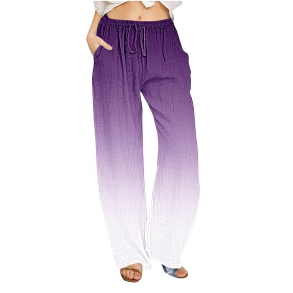 Enjoytime Women's Palazzo Pants with Pockets Color Block Lightweight Elastic Waisted Tie Knot Caual Loose Beach Pants for Women
